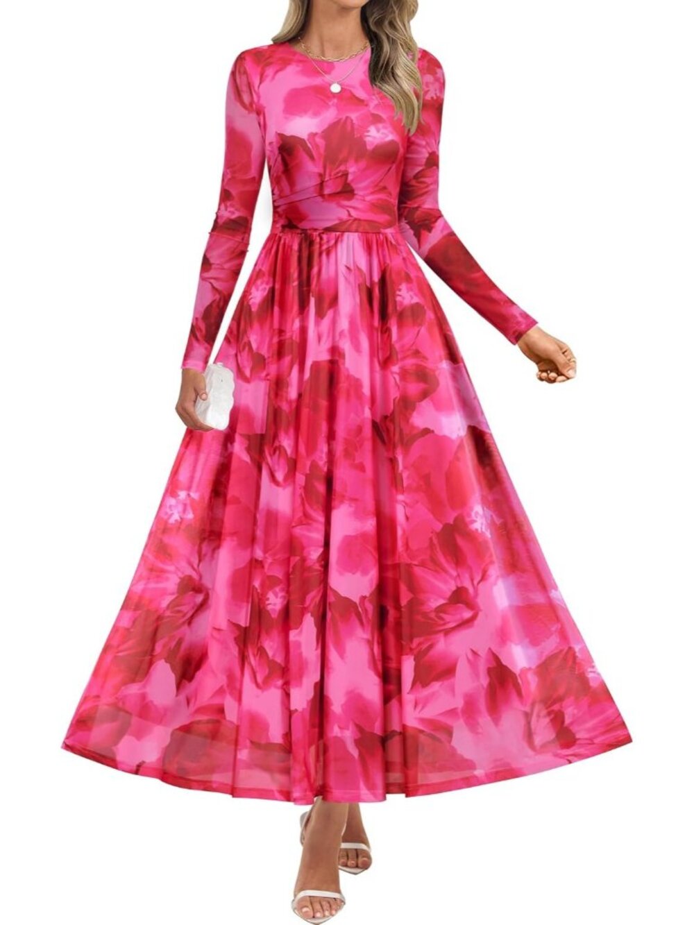 Women's Rose Crewneck Maxi Long Sleeve Elegant Slimming Cocktail Party Dresses